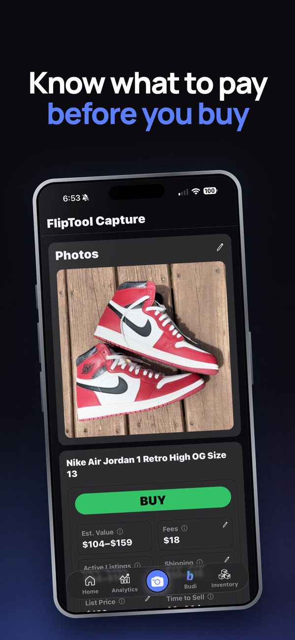 FlipTool scan result showing an item's estimated value, buy recommendation, and market comps